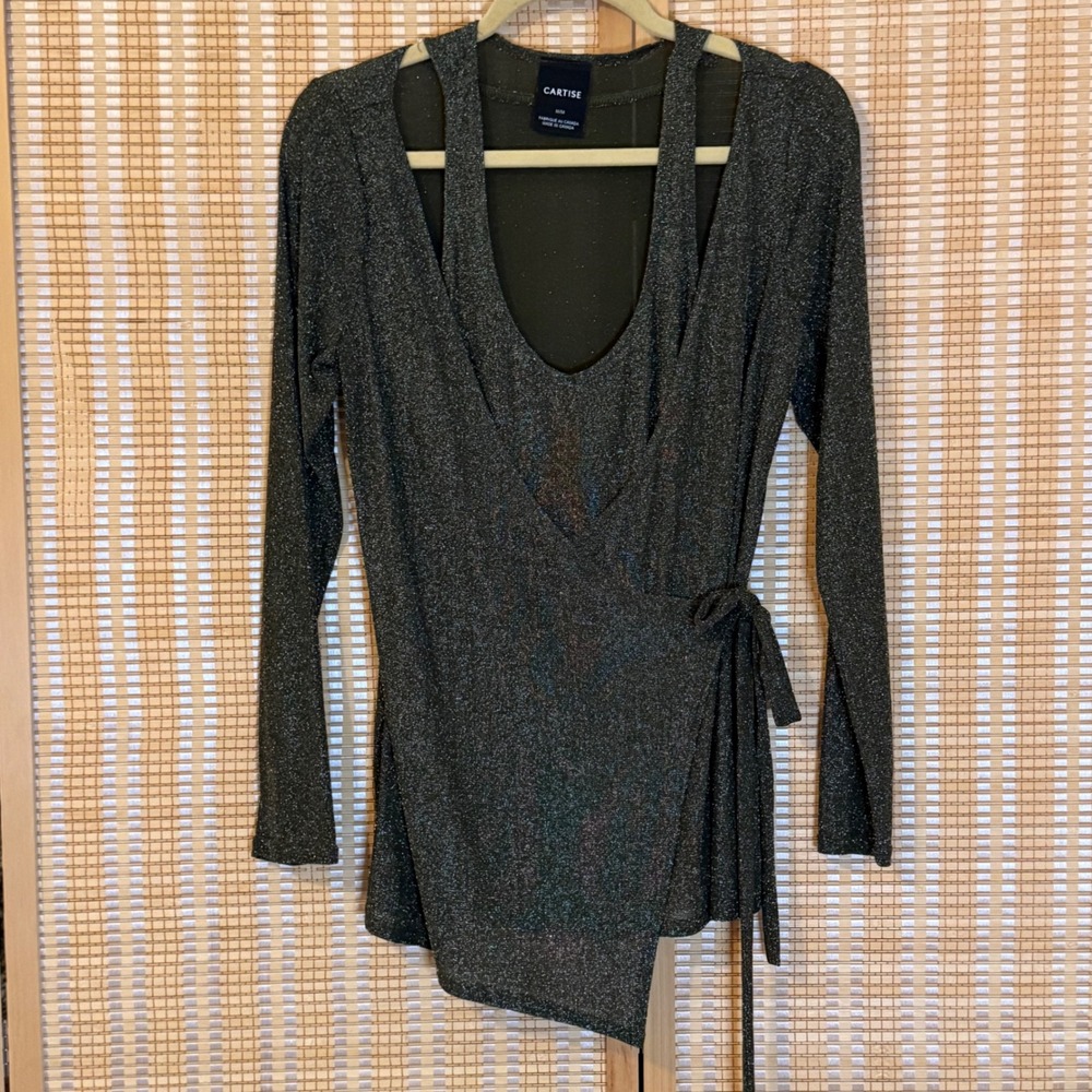 Cartise Womens Metallic Wrap Top Long Sleeve Shimmer Olive Green Size M Party